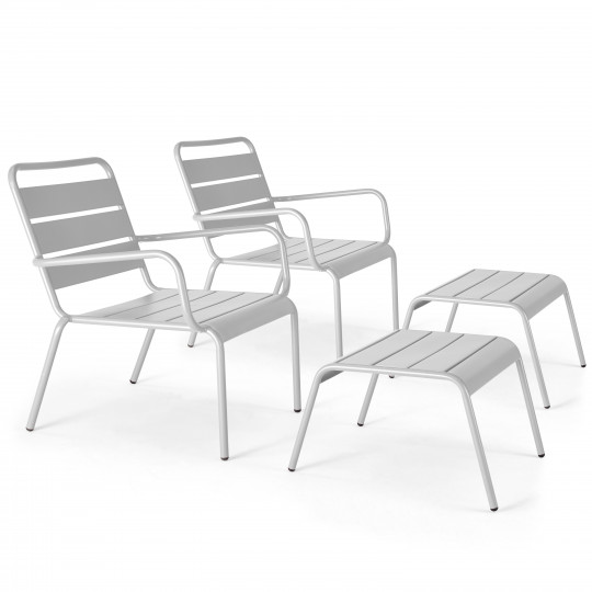 Fauteuils de jardin bas en métal et repose-pieds - Lot de 2 | Oviala