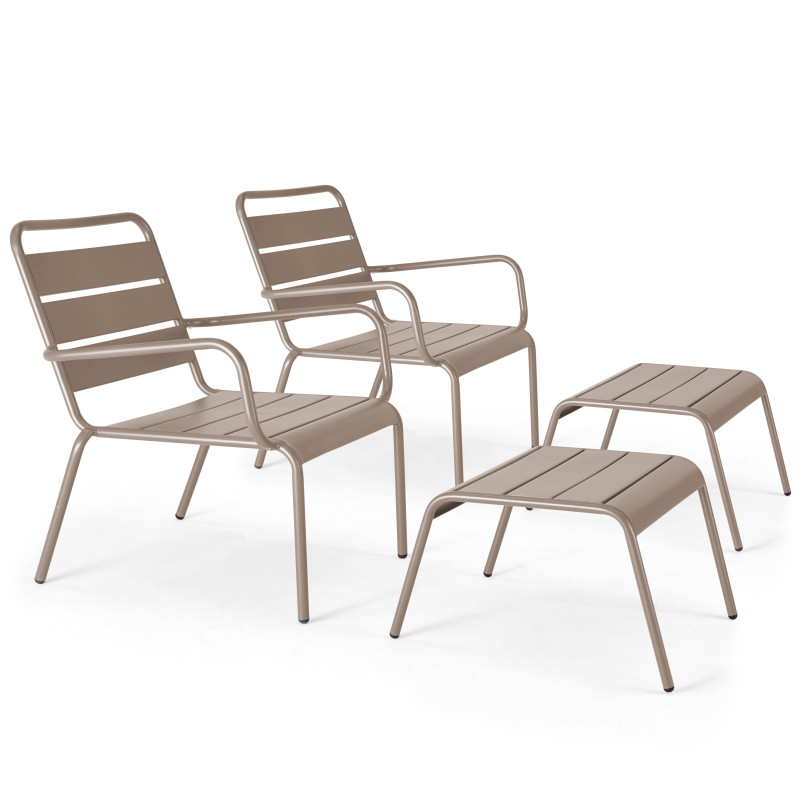 Fauteuils de jardin bas en métal et repose-pieds - Lot de 2