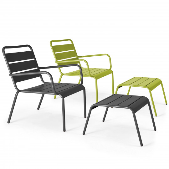 Lot de 2 fauteuils bas avec repose-pieds en métal dépareillés gris anthracite + 1 couleur (1/5)