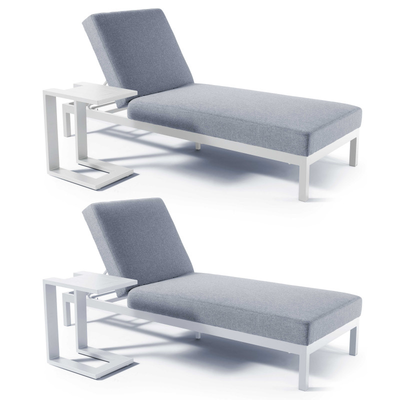 Lot de 2 ensembles bains de soleil avec coussin et tablettes, inclinables 5 positions (1/6)