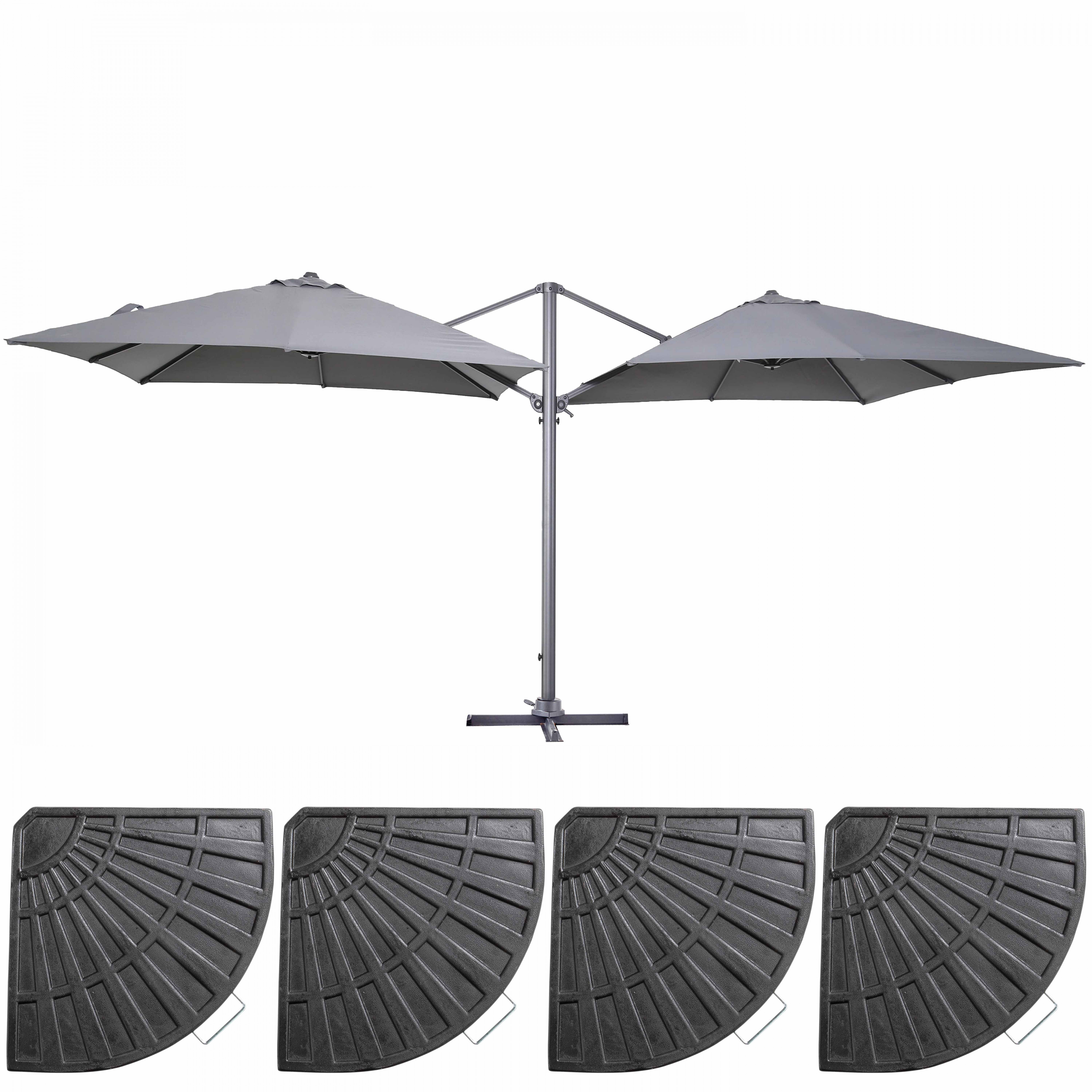 Ensemble double parasol déporté carré (3 x 3m) 250g/m² + 4 dalles lestées