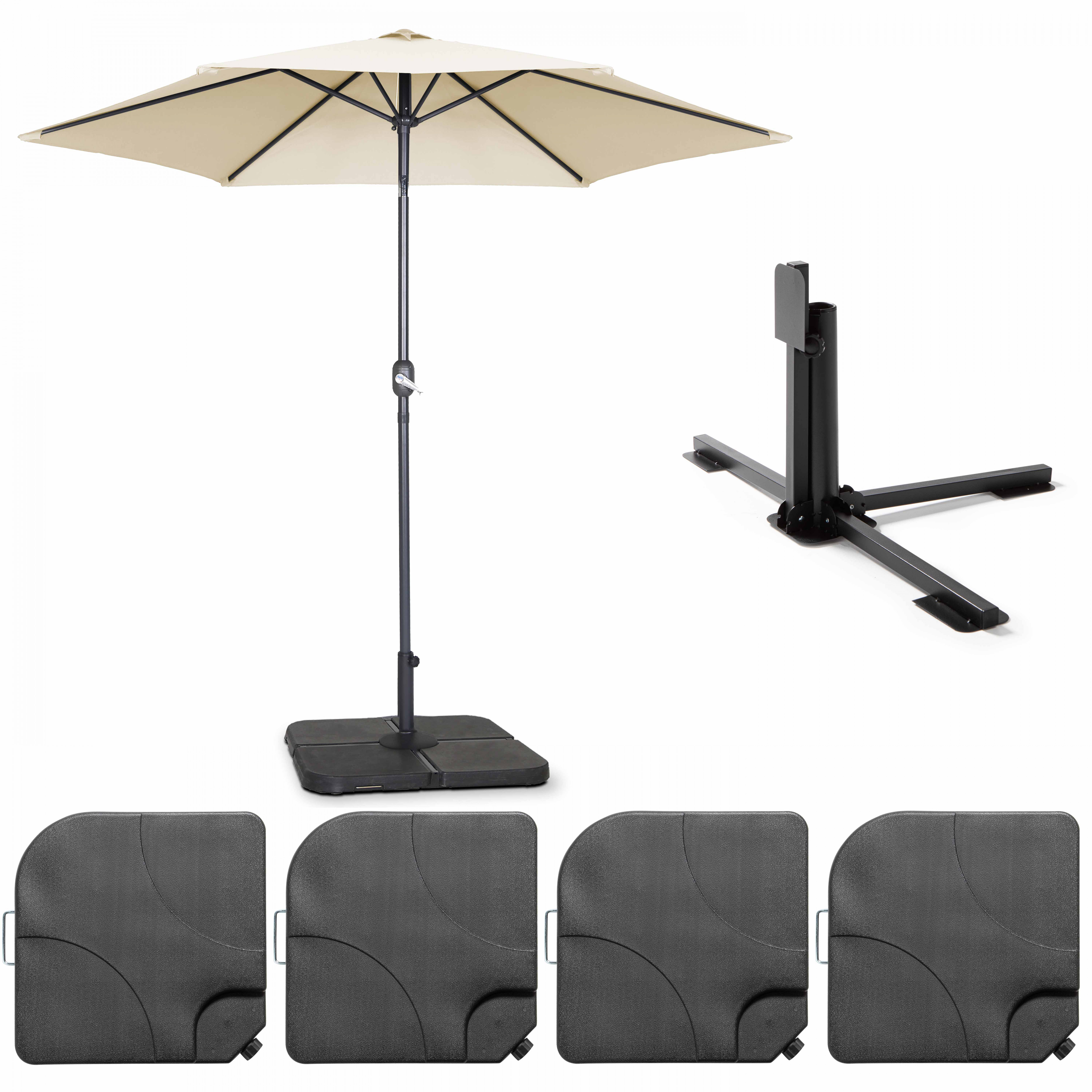 Ensemble parasol droit inclinable 180g/m² (Ø3m) avec pied pliant + 4 dalles à lester remplissables