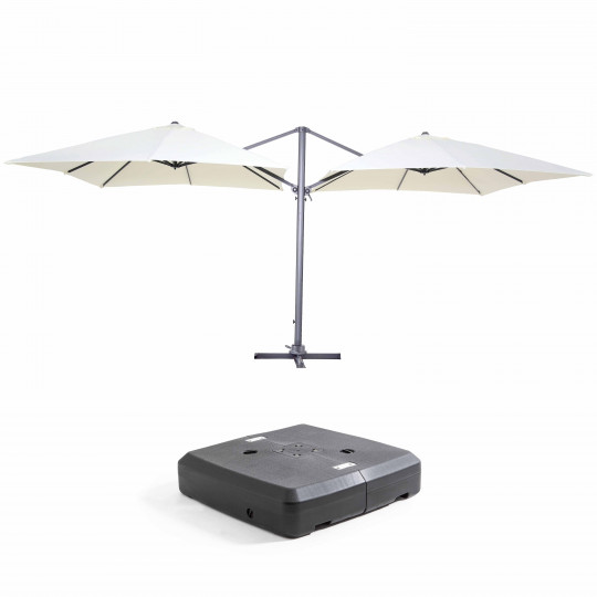 Double parasol déporté carré (3 x 3m) + dalle à lester sur roues 100L