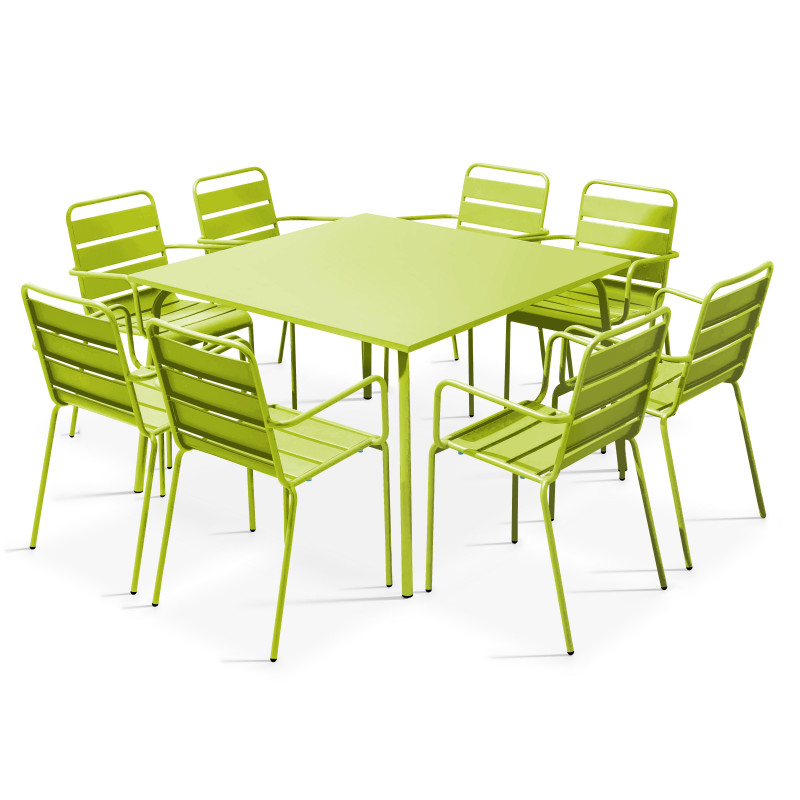 Table de jardin carrée et 8 fauteuils en métal