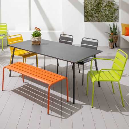 Table de jardin rectangulaire 180 x 90 cm et 8 chaises en métal avec accoudoirs