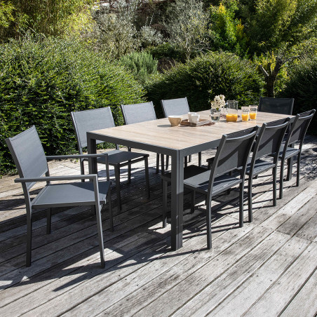 Table de jardin 8 places en aluminium et céramique effet bois