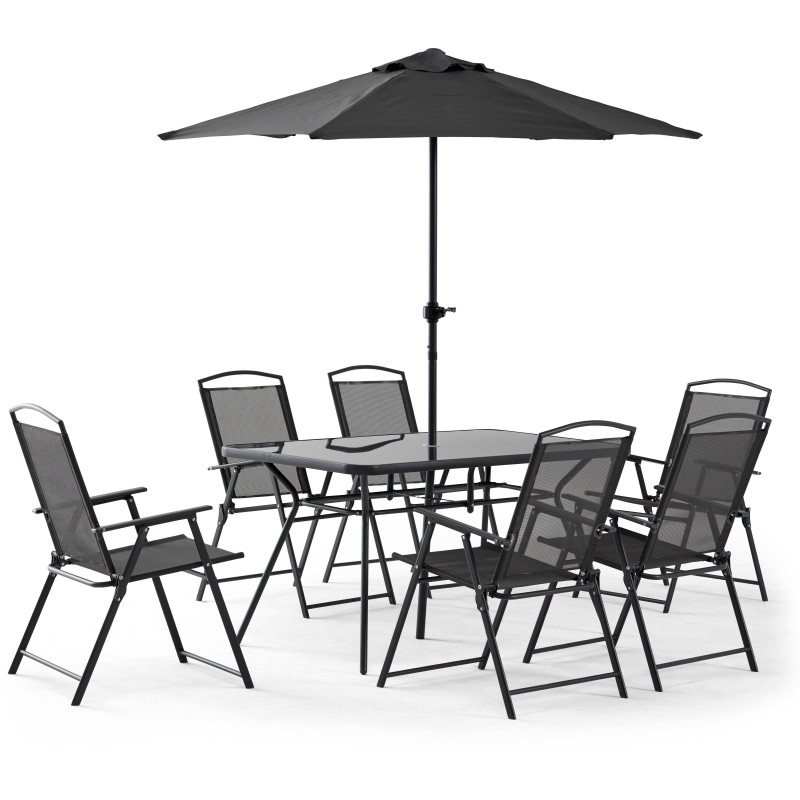 Table de jardin rectangulaire 140 x 80 cm, 6 chaises avec accoudoirs et un parasol