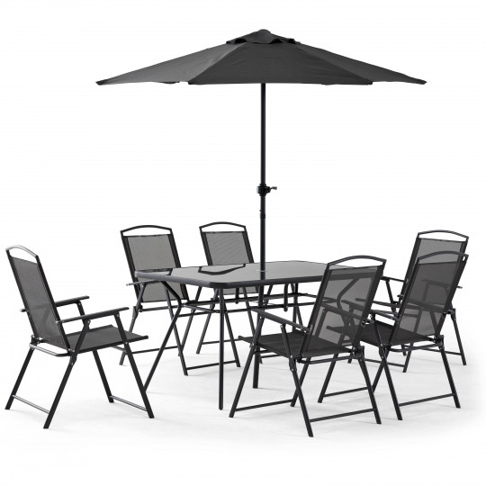 Table de jardin rectangulaire + 6 chaises et 1 parasol | Oviala