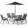 Table de jardin en métal et verre 140x80 cm et 6 chaises pliantes en textilène et parasol central