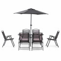 Table de jardin rectangulaire 140 x 80 cm, 6 chaises avec accoudoirs et un parasol