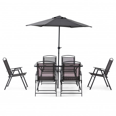 Table de jardin rectangulaire 140 x 80 cm, 6 chaises avec accoudoirs et un parasol