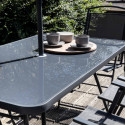 Table de jardin rectangulaire 140 x 80 cm, 6 chaises avec accoudoirs et un parasol