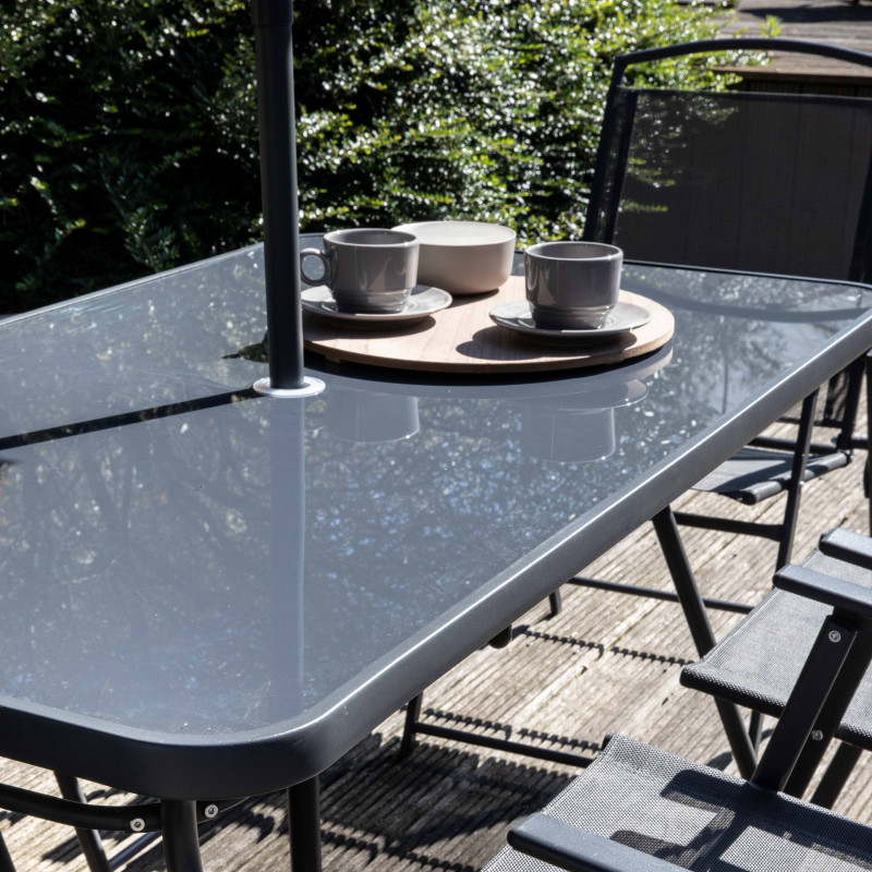 Table de jardin rectangulaire 140 x 80 cm, 6 chaises avec accoudoirs et un parasol (5/7)