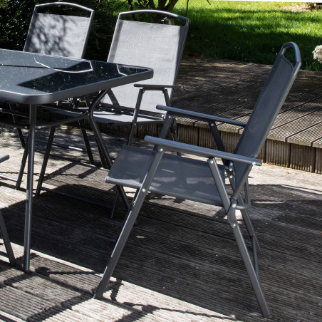 Table de jardin rectangulaire 140 x 80 cm, 6 chaises avec accoudoirs et un parasol