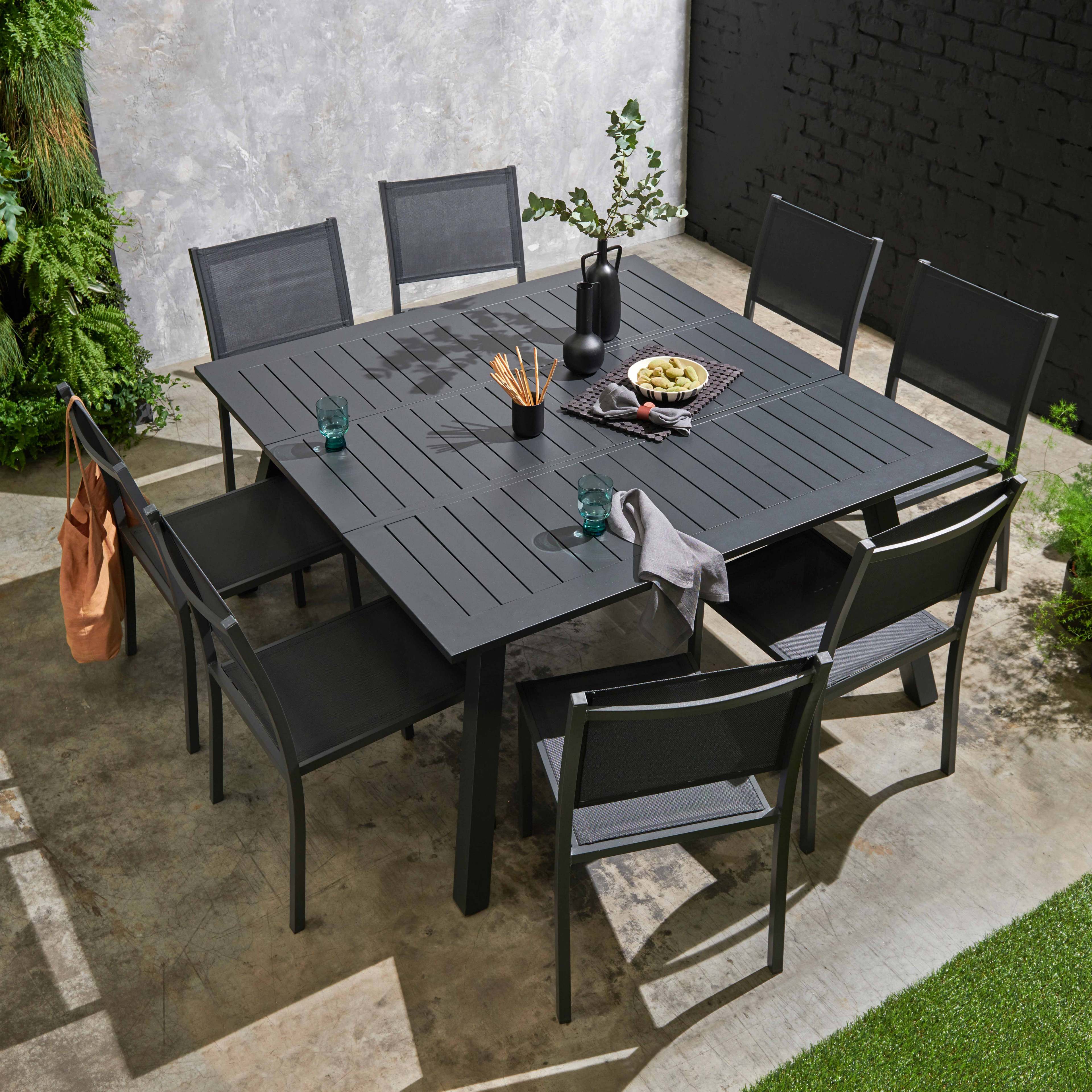 Table de jardin carrée extensible + 8 assises en textilène