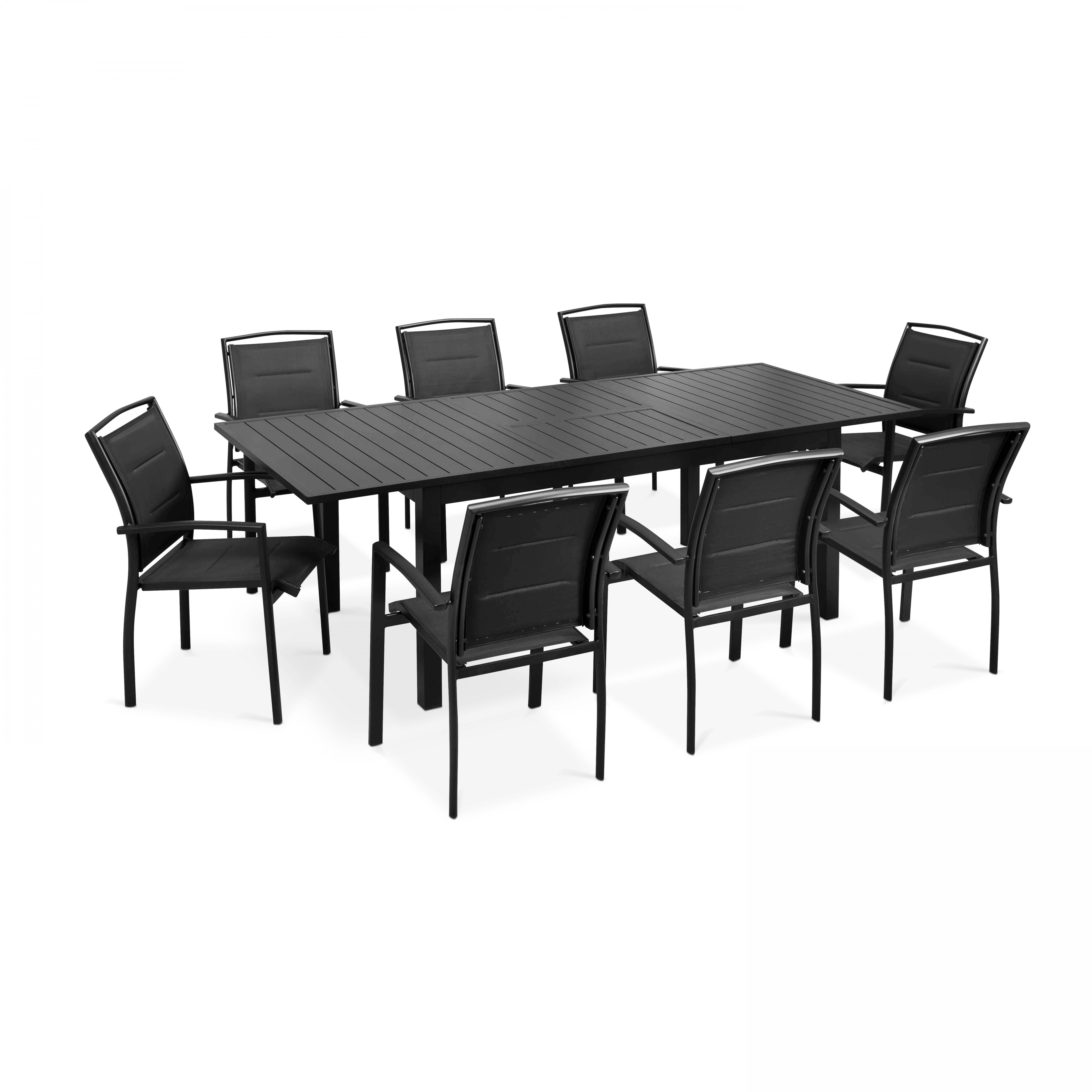 Table de jardin extensible 174/238 cm en aluminium et 8 chaises avec accoudoirs