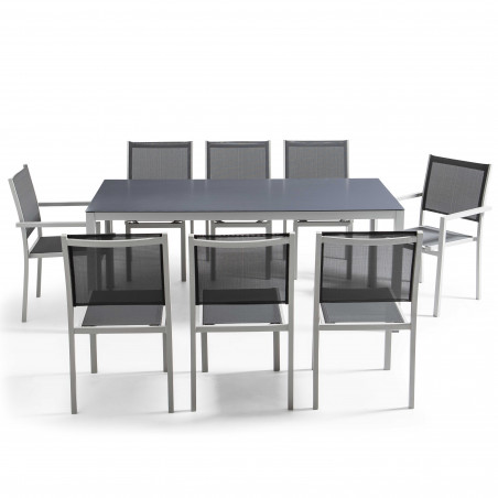 Table de jardin rectangulaire 180 x 90 cm, plateau en verre et 8 chaises
