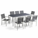 Table de jardin rectangulaire 180 x 90 cm, plateau en verre et 8 chaises