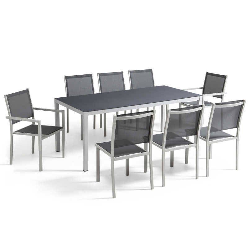 Table de jardin rectangulaire 180 x 90 cm, plateau en verre et 8 chaises