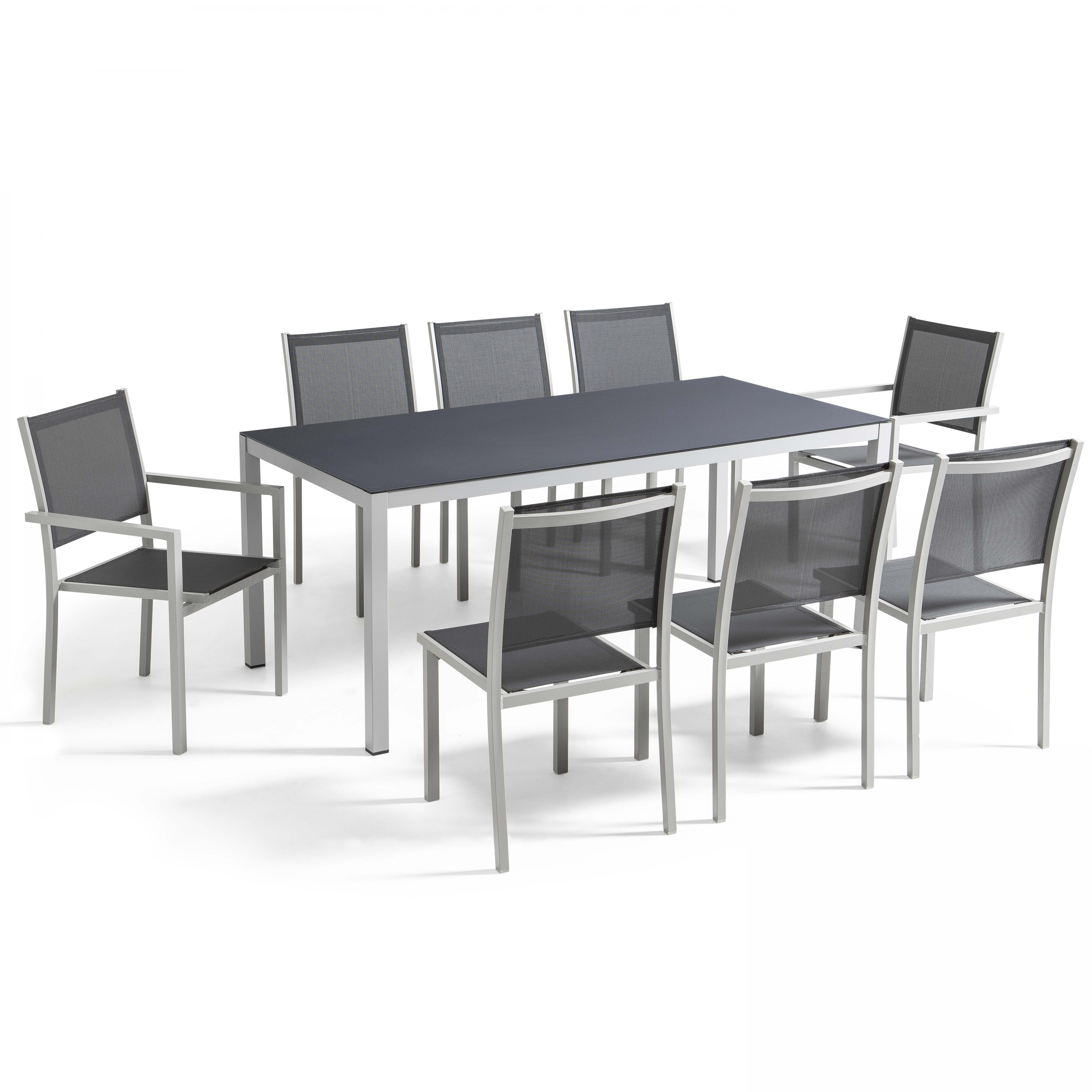 Table de jardin rectangulaire 180 x 90 cm, plateau en verre avec 6 chaises et 2 chaises avec accoudo
