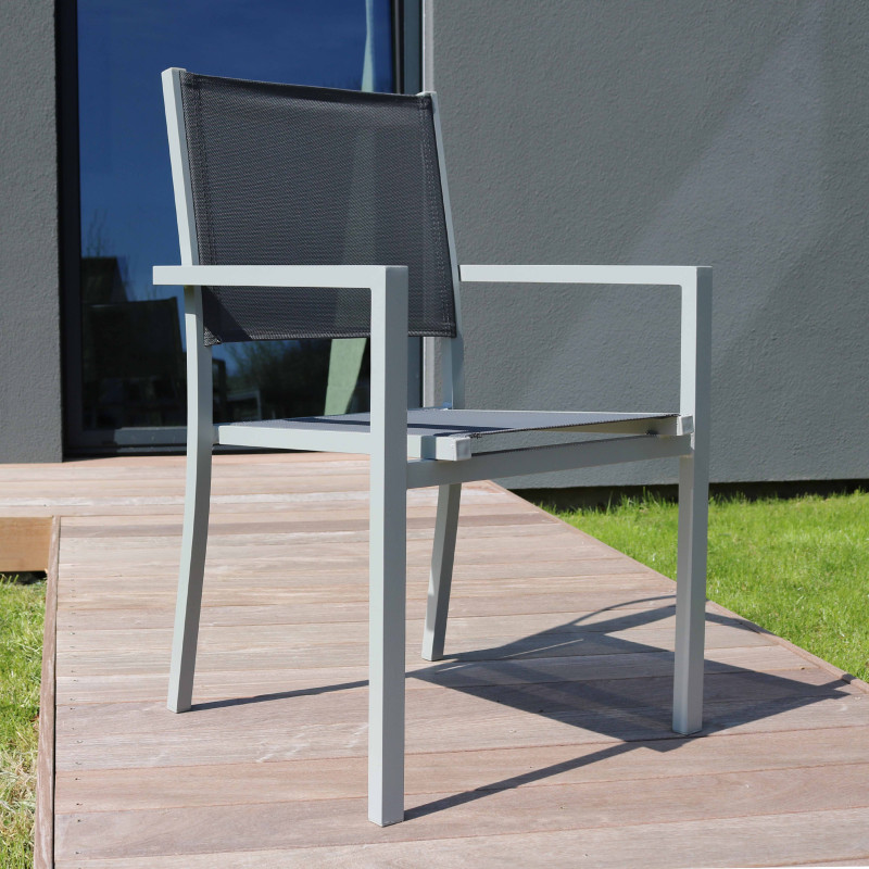 Table de jardin rectangulaire 180 x 90 cm, plateau en verre et 8 chaises