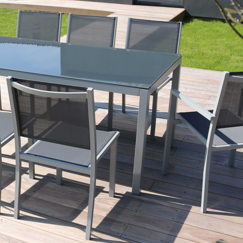 Table de jardin rectangulaire 180 x 90 cm, plateau en verre et 8 chaises