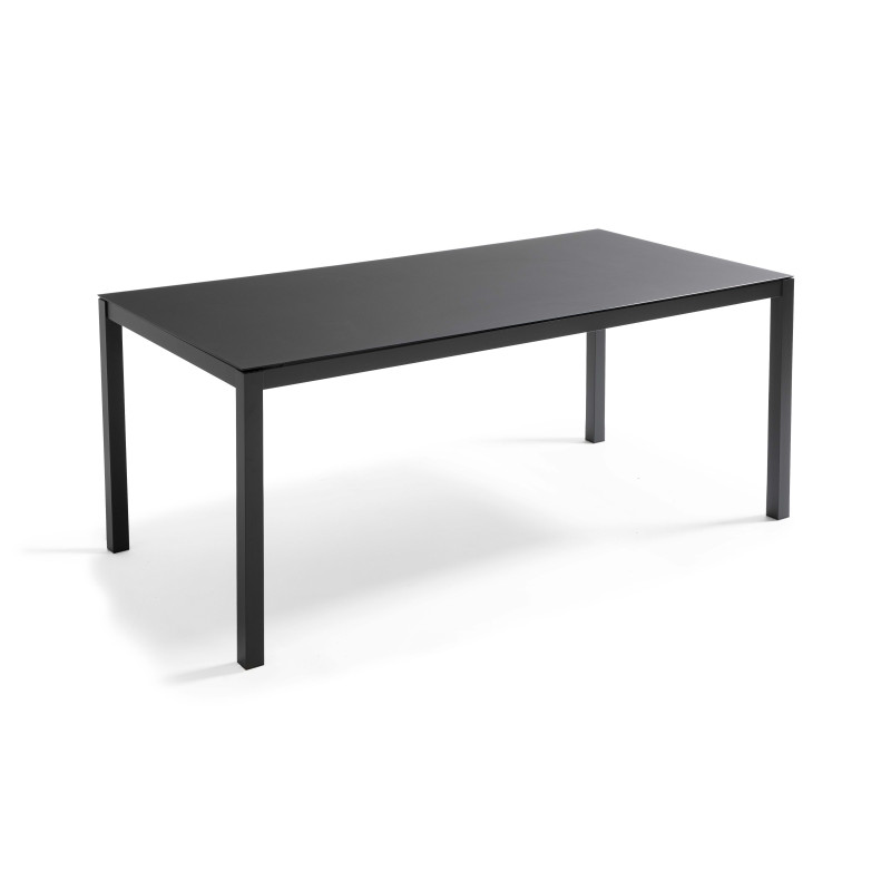 Table de jardin rectangulaire 180 x 90 cm, plateau en verre et 8 chaises
