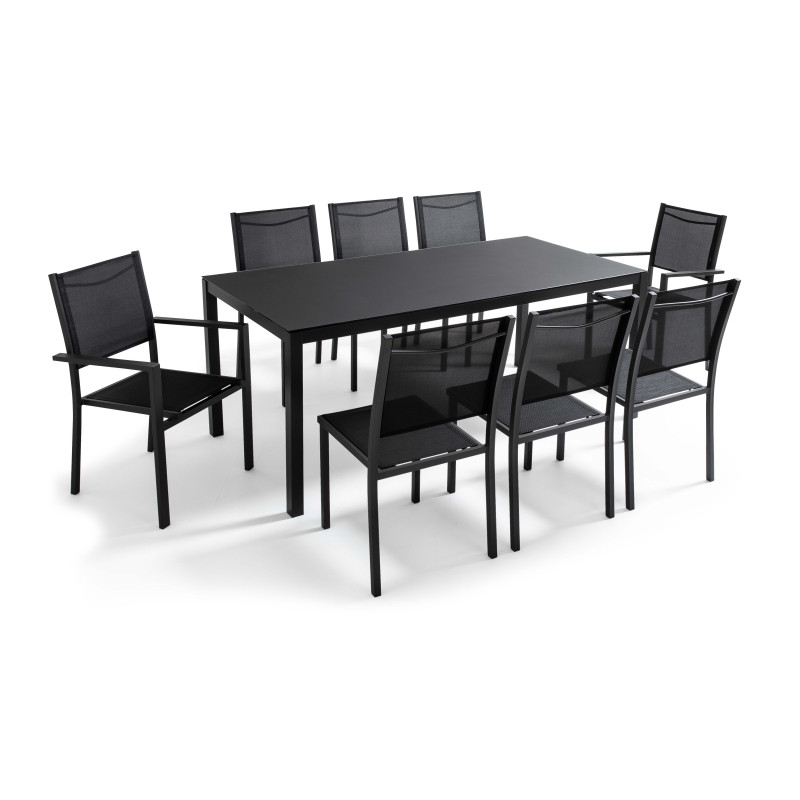 Table de jardin rectangulaire 180 x 90 cm, plateau en verre et 8 chaises
