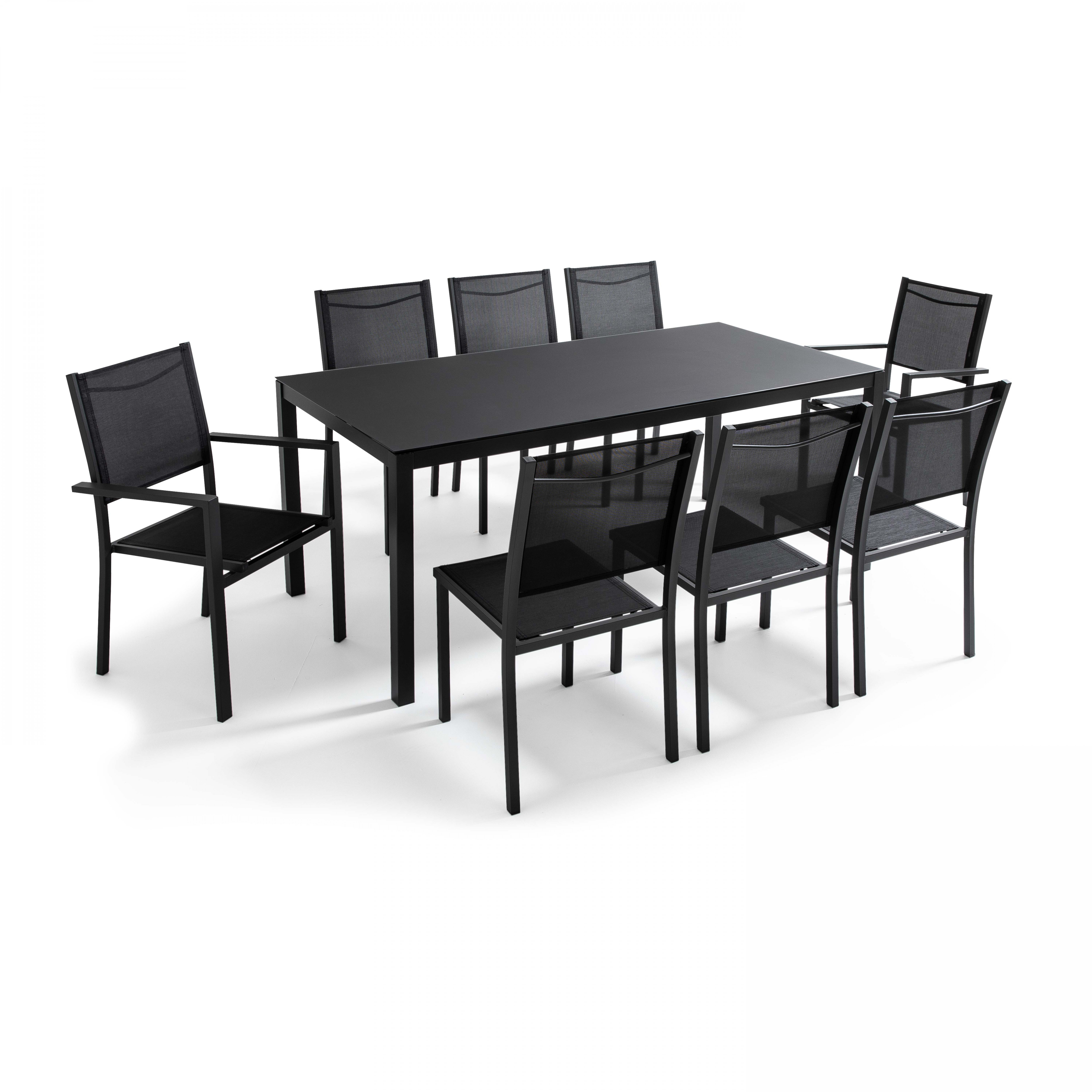 Table de jardin rectangulaire 180 x 90 cm, plateau en verre avec 6 chaises et 2 chaises avec accoudo