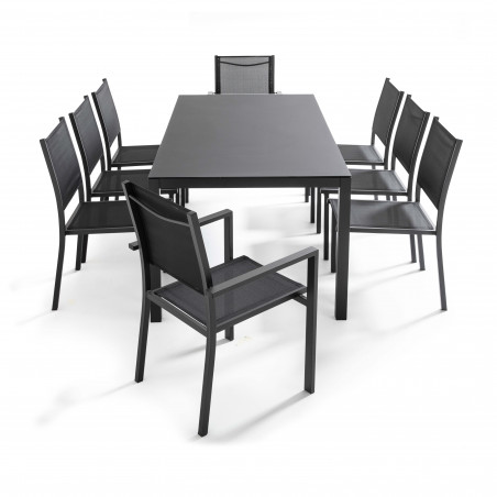 Table de jardin rectangulaire 180 x 90 cm, plateau en verre et 8 chaises