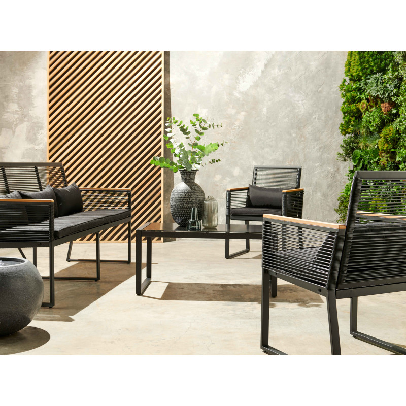 Salon de jardin 5 places composé d'un canapé, 2 fauteuils avec accoudoirs et une table basse