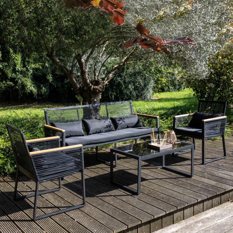 Salon de jardin 5 places composé d'un canapé, 2 fauteuils avec accoudoirs et une table basse