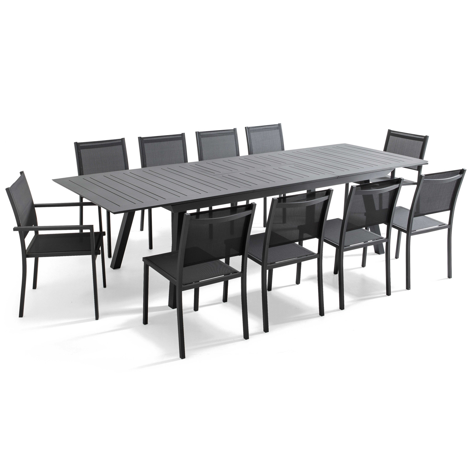 Salon de jardin en aluminium 10 places table extensible 216/298 cm, avec 8 chaises et 2 fauteuils