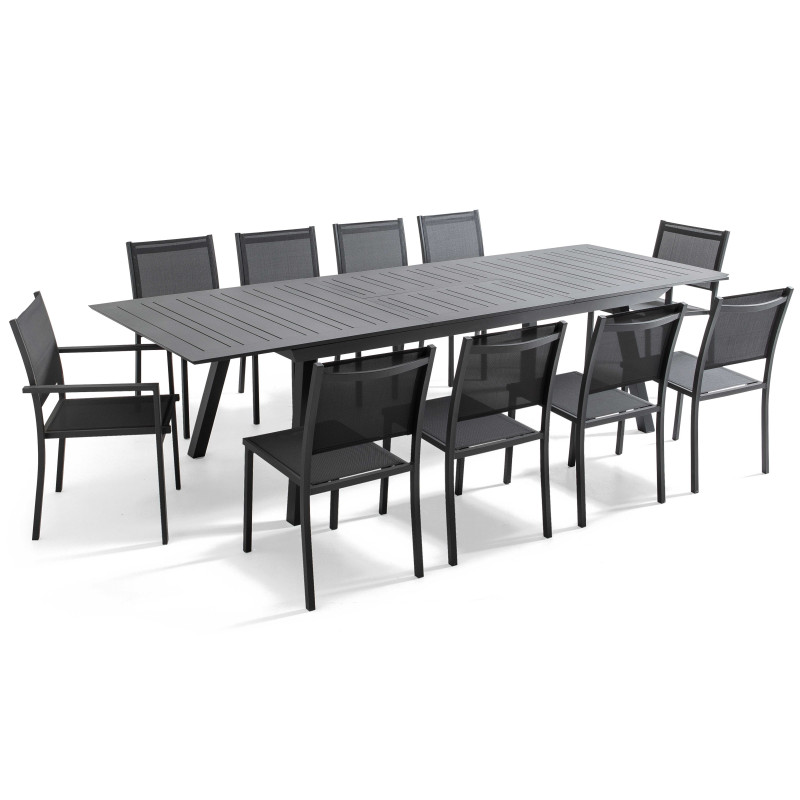 Salon de jardin en aluminium 10 places table extensible 216/298 cm, avec 8 chaises et 2 fauteuils