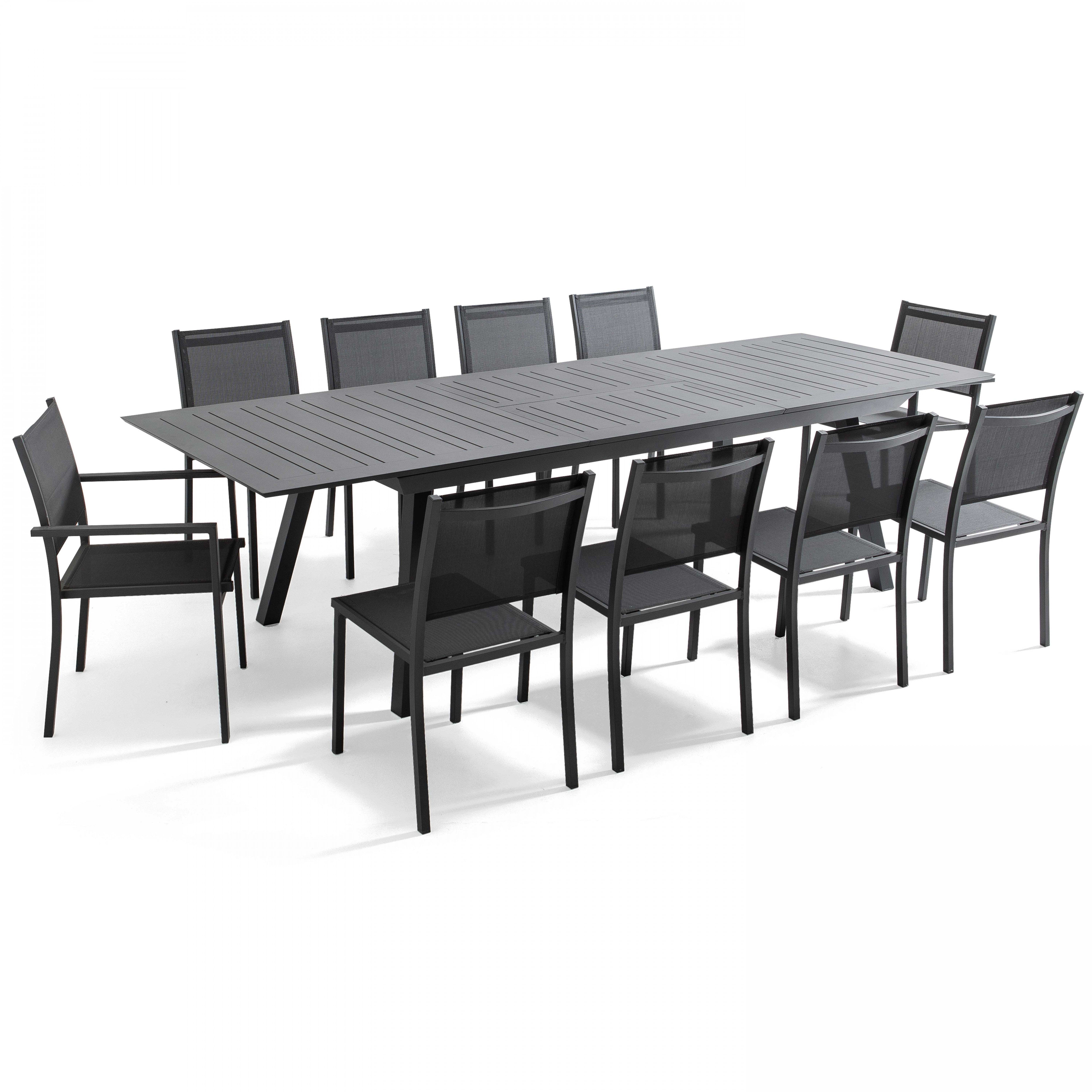 Table en aluminium 10 places table extensible 216/298cm avec 8 chaises et 2 chaises avec accoudoirs