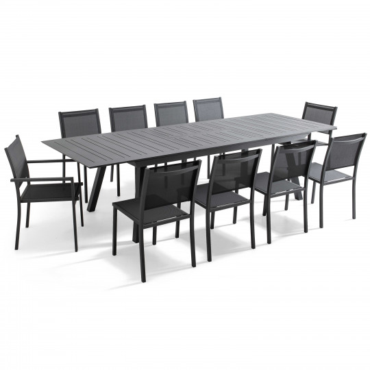 Table de jardin extensible en aluminium 216/298x100 cm et 10 chaises en textilène | Oviala