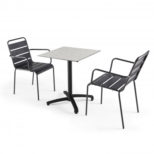 Ensemble table carré inclinable HPL (60x60cm) + 2 fauteuils en métal