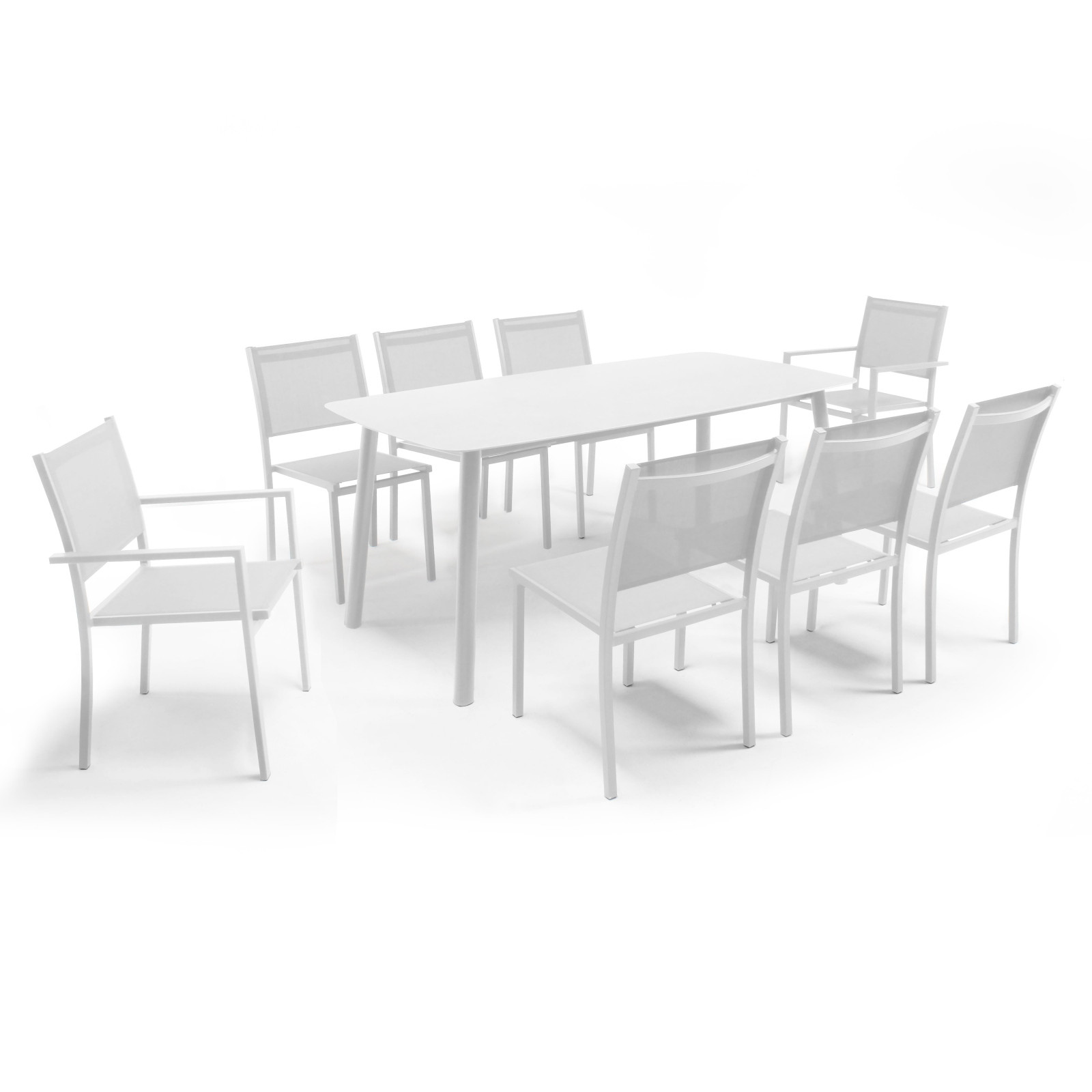 Table de jardin en aluminium et pierre (180 x 90 cm) + 6 chaises et 2 fauteuils