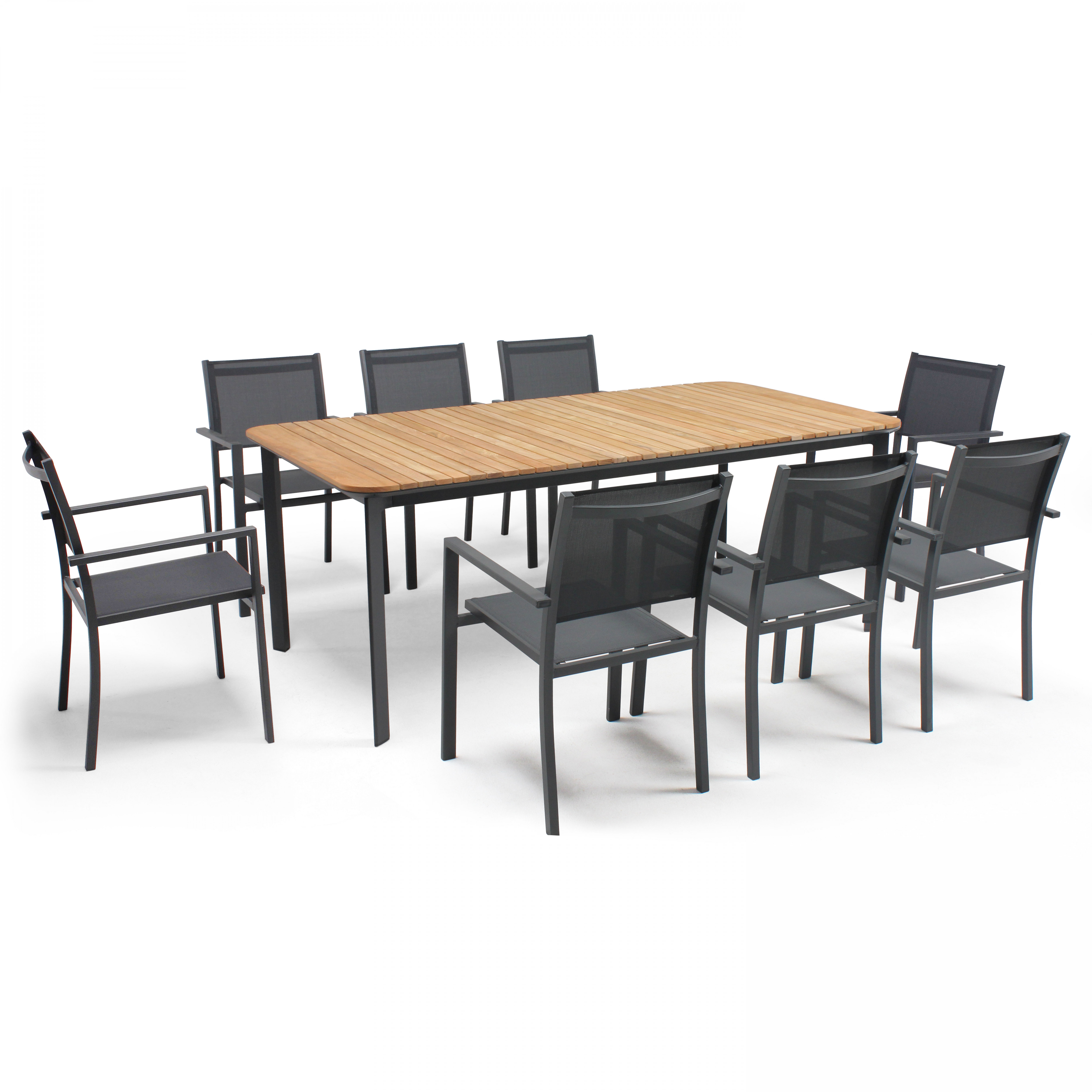 Ensemble table de jardin rectangulaire en aluminium/teck (200 x 100 x 75) et 8 chaises avec accoudoi