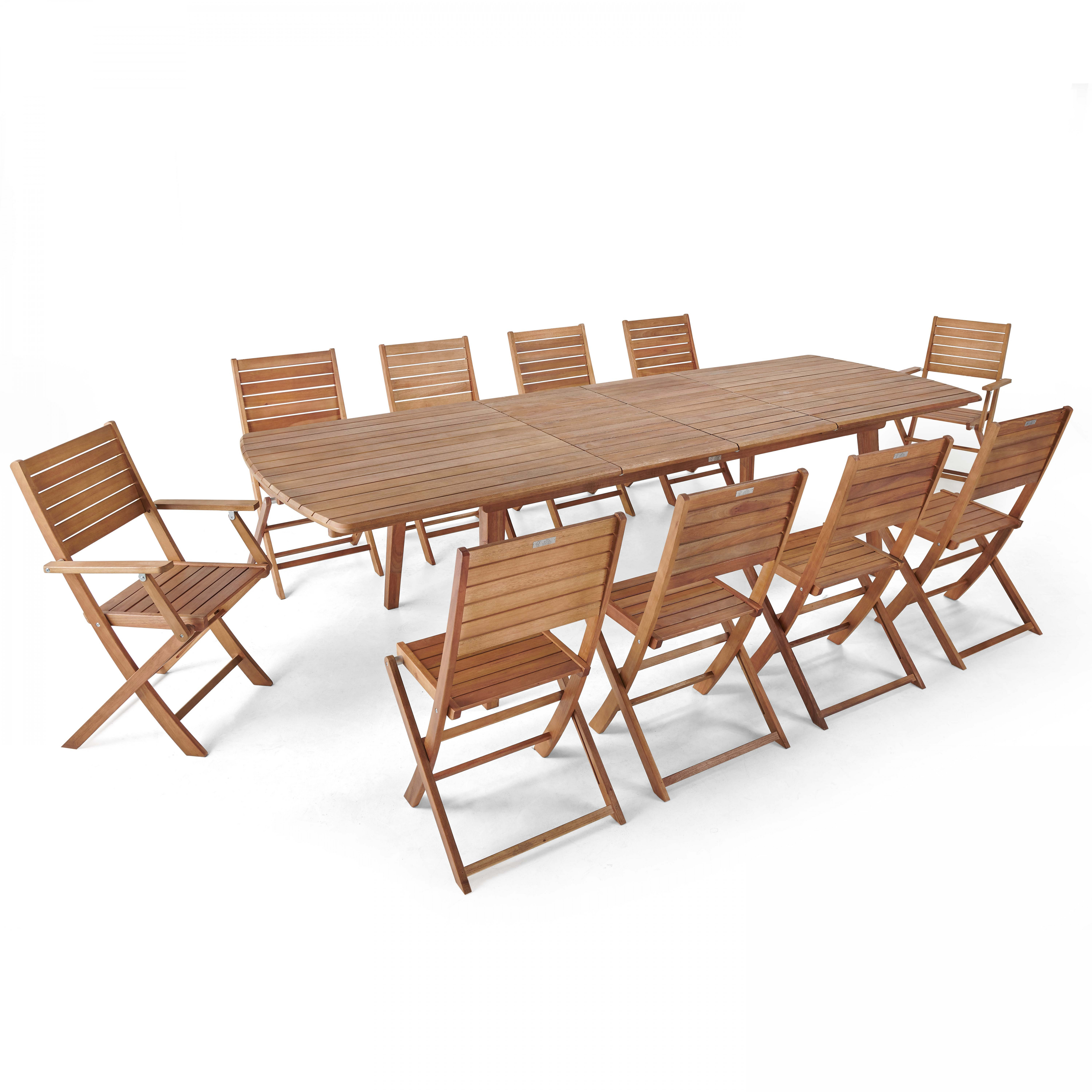 Ensemble table extensible avec 8 chaises et 2 chaises avec accoudoirs en bois d'eucalyptus