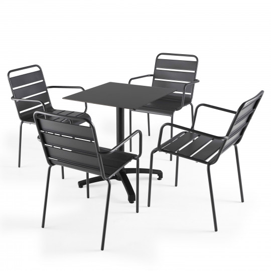 Ensemble table carré inclinable (60x60cm) HPL + 4 fauteuils en métal