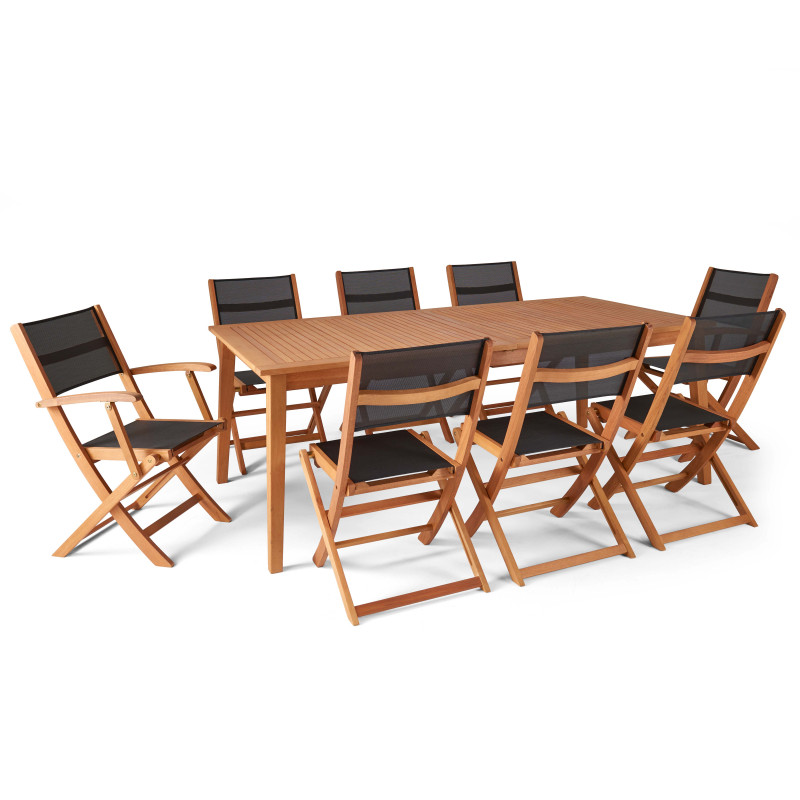 Table de jardin en bois extensible (200/250 cm) + 2 fauteuils et 6 chaises