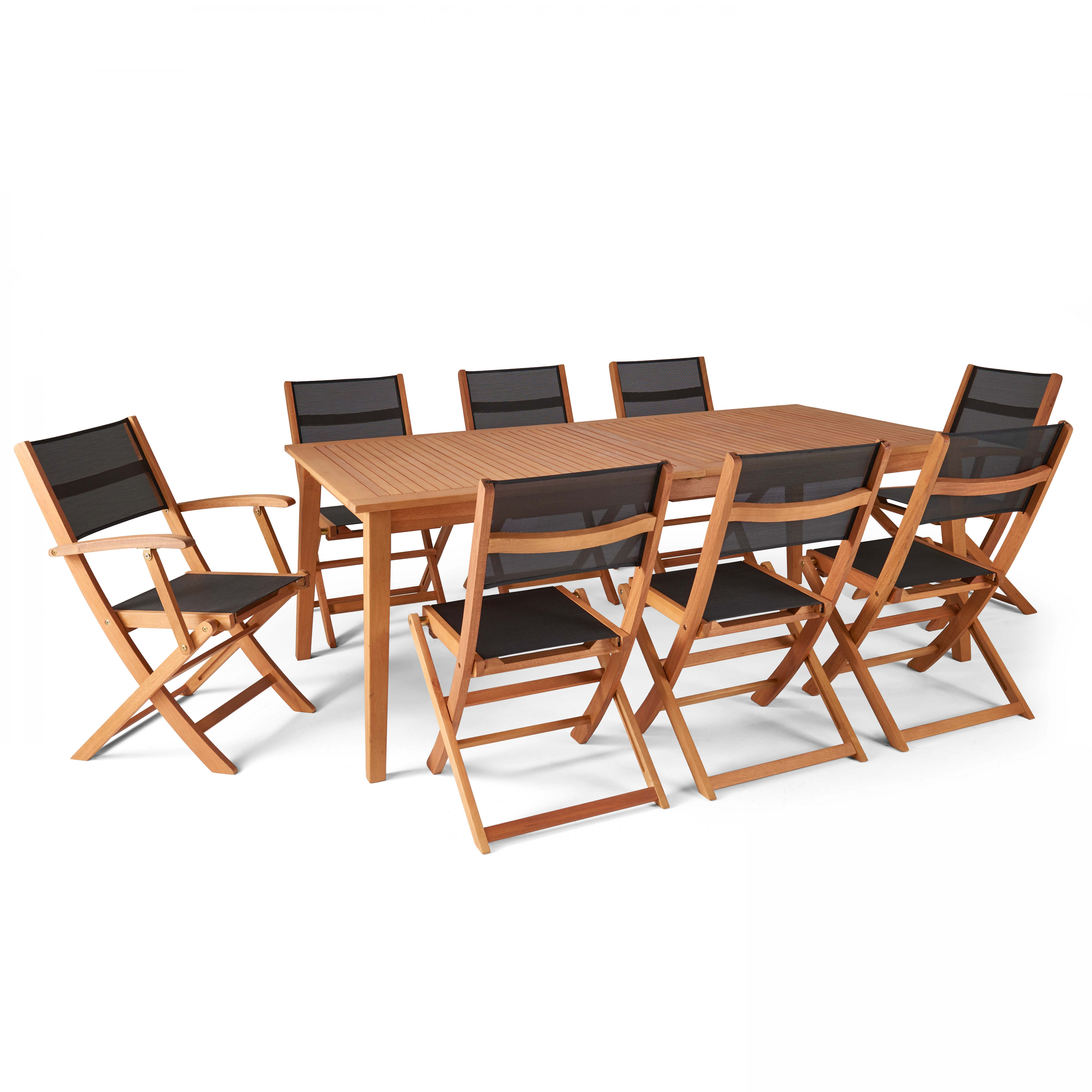Table de jardin en bois extensible (200/250 cm) avec 6 chaises et 2 chaises avec accoudoirs