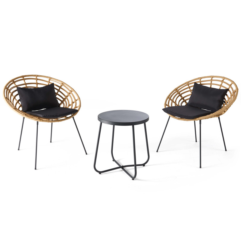 Salon de jardin 2 places imitation rotin, 2 fauteuils, 1 table basse