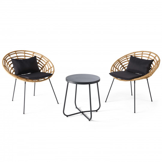 Salon de jardin 2 places imitation rotin, 2 fauteuils, 1 table basse