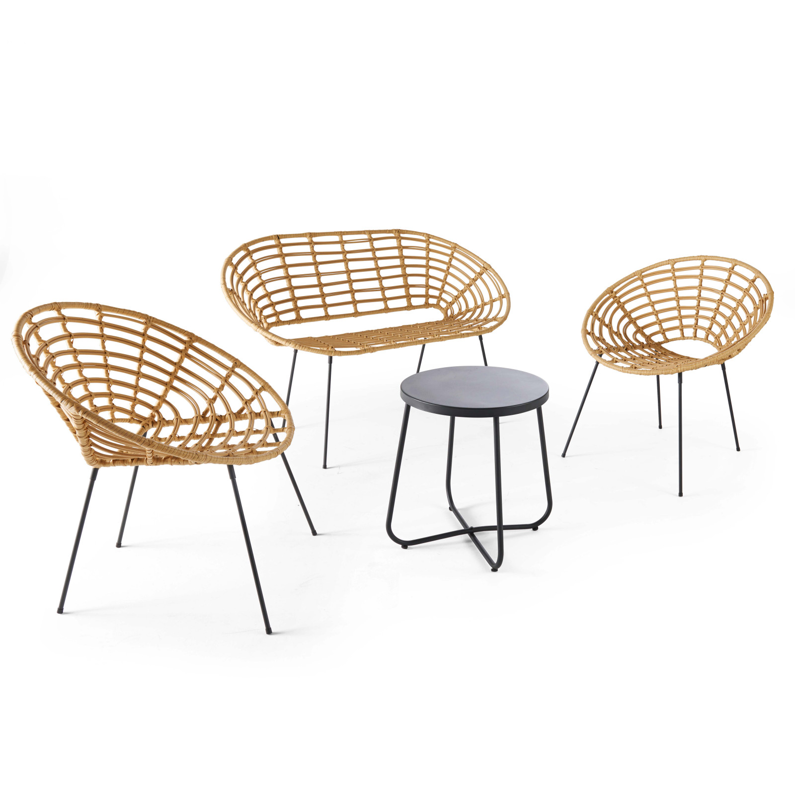 Salon de jardin 4 places imitation rotin, 1 canapé, 2 fauteuils, 1 table basse