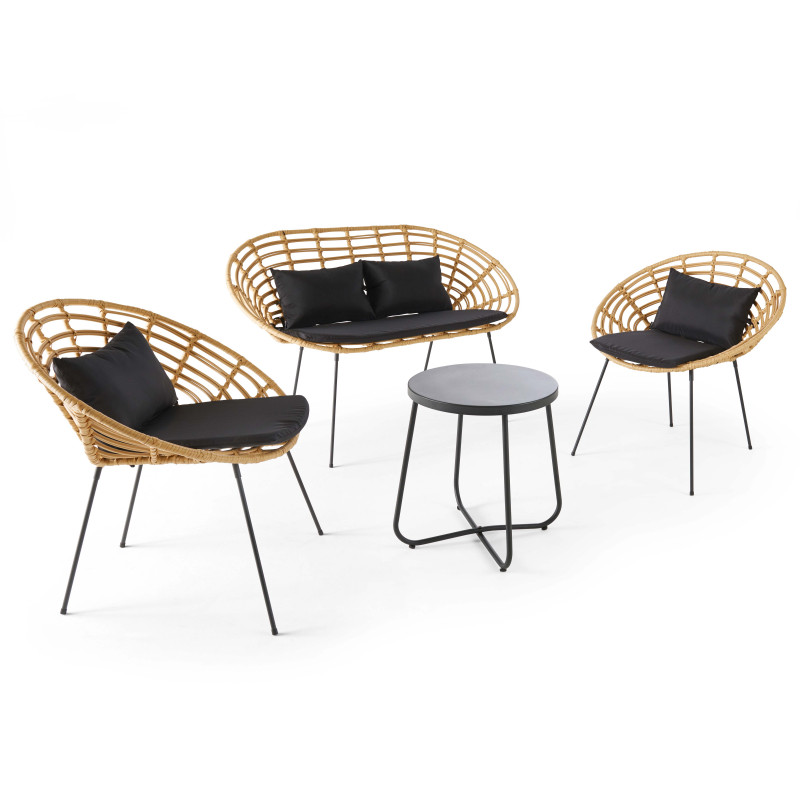 Salon de jardin 4 places imitation rotin, 1 canapé, 2 fauteuils, 1 table basse