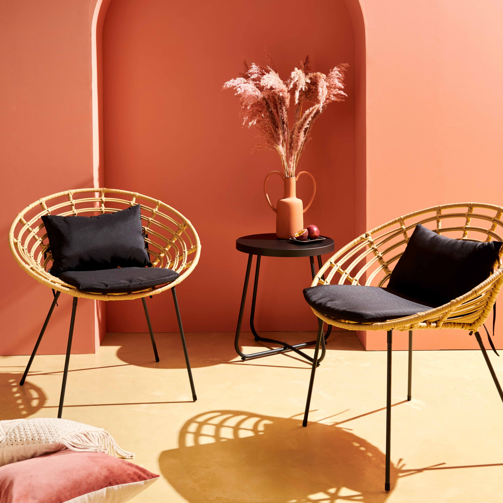 Salon de jardin 4 places imitation rotin, 1 canapé, 2 fauteuils, 1 table basse