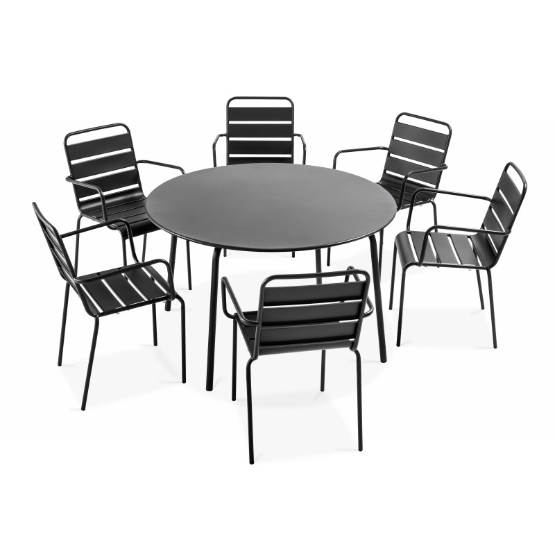 Table de jardin ronde et 6 fauteuils en acier