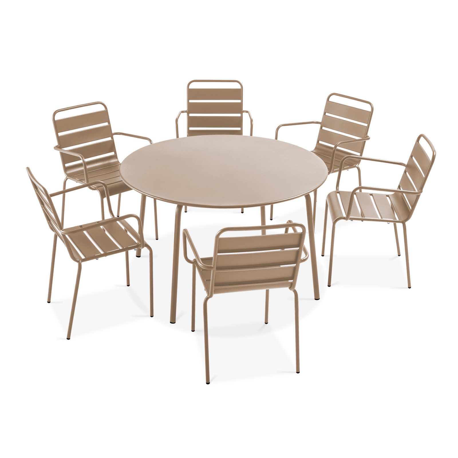 Table de jardin ronde et 6 fauteuils en acier